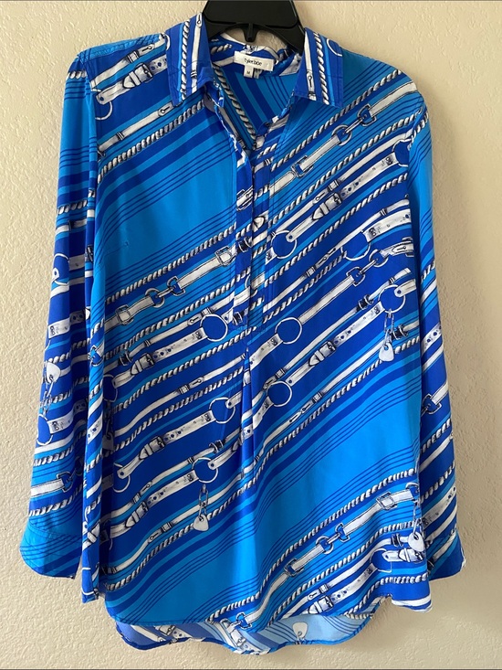 Tyler Boe Tops - Tyler Boe Olivia Silk Bold Blue Equestrian Chain and Belt Pattern Blouse. Size M